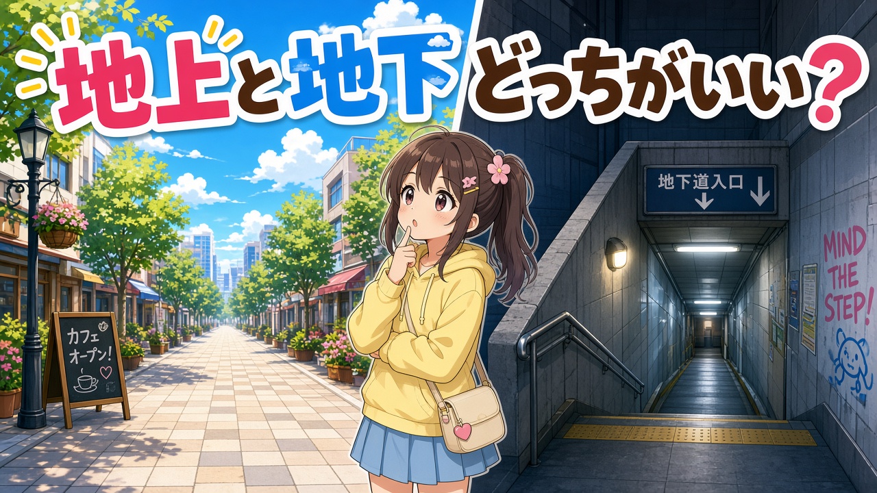 地上の道と地下通路を見比べる女の子と「地上と地下どっちがいい?」の文字(AIイラスト)