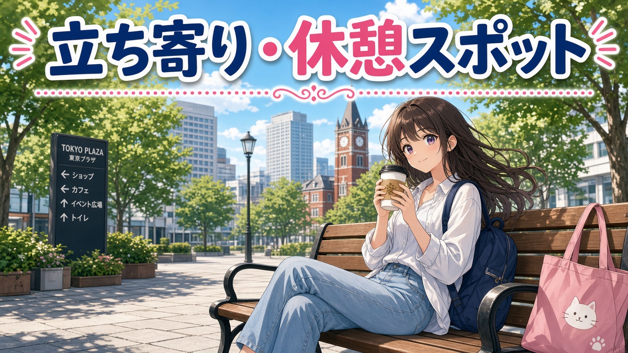ベンチで休憩する女の子と「立ち寄り・休憩スポット」の文字(AIイラスト)