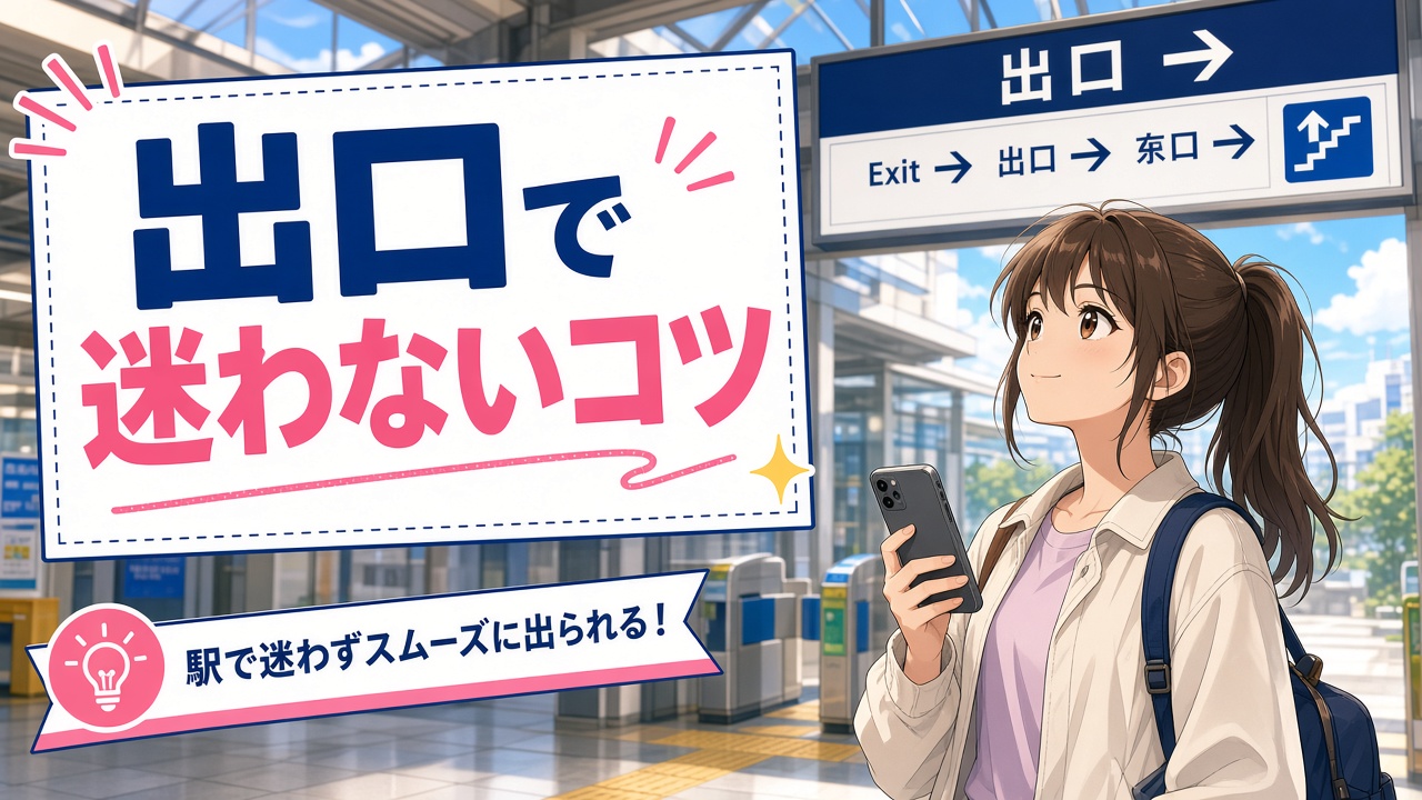 出口案内を見上げる女の子と「出口で迷わないコツ」の文字(AIイラスト)