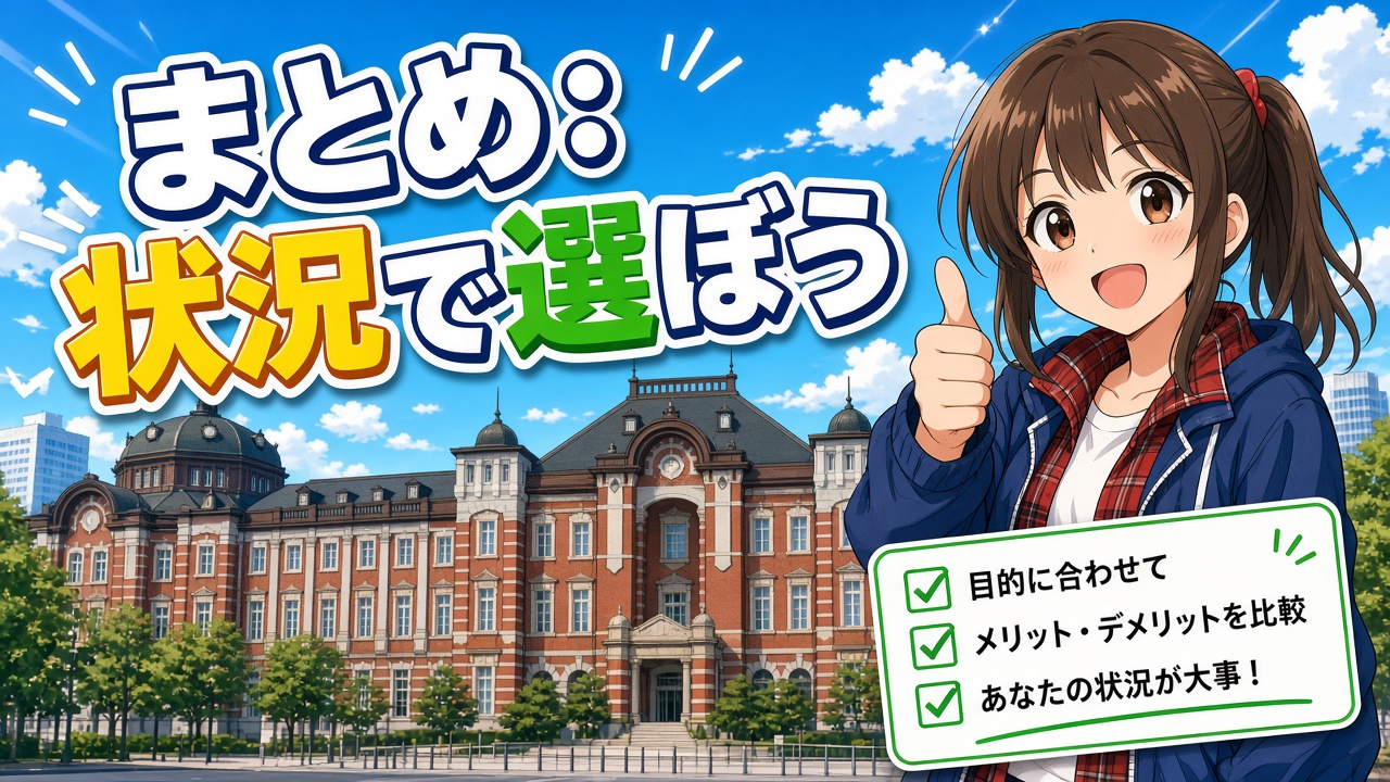 東京駅前で親指を立てる女の子と「まとめ:状況で選ぼう」の文字(AIイラスト)